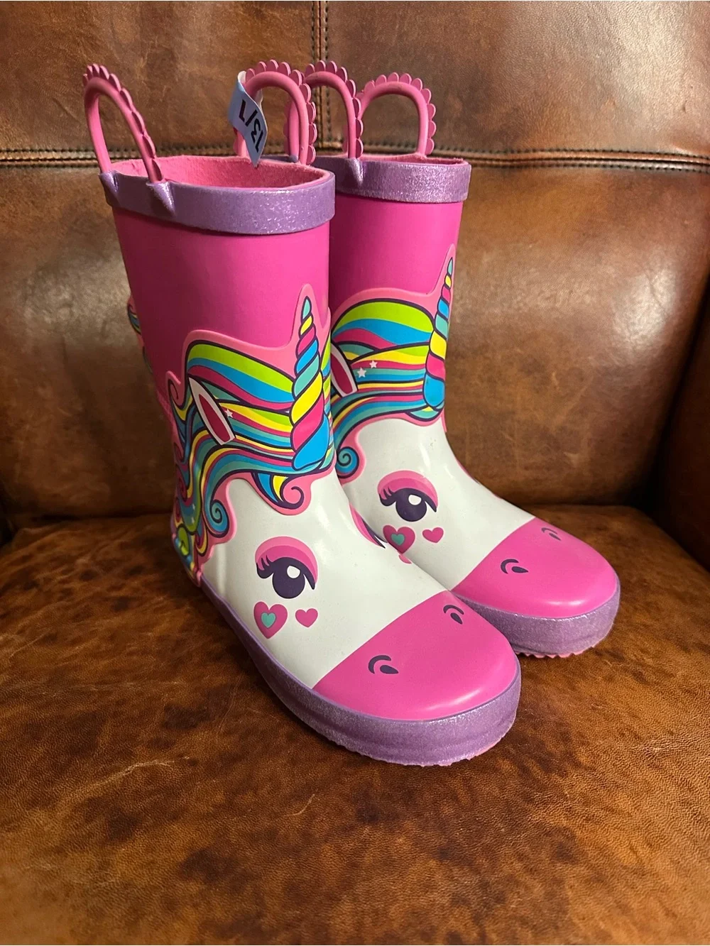 Kids Pink Unicorn Rain & Snow Boots - Waterproof Unicorn Graphic Size 13/1